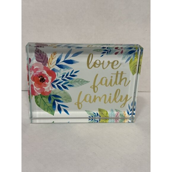 LOVE FAITH FAMILY new glass block floral flowers home decor - Picture 1 of 4